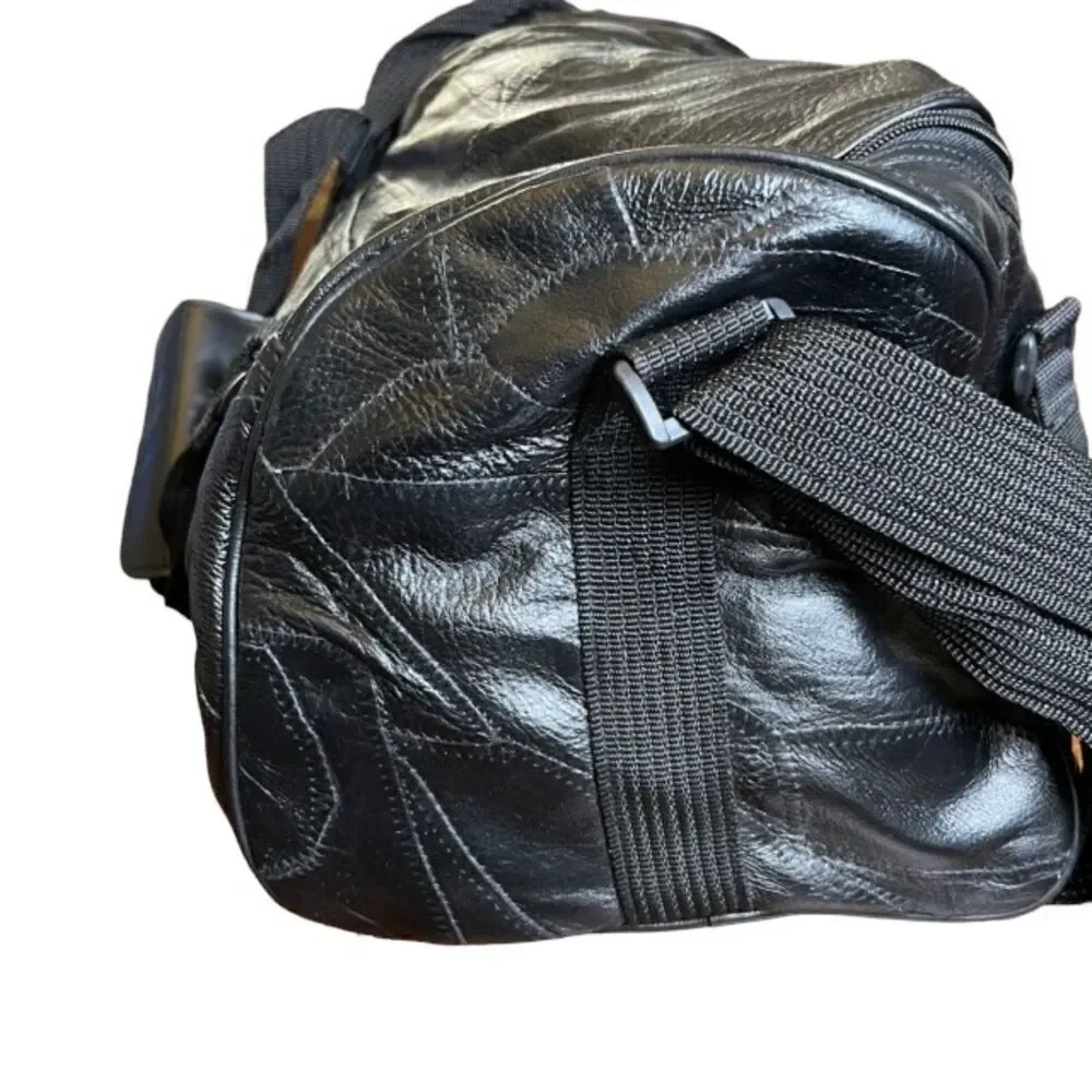 Patched Leather Weekender / Tote‎ Bag in Black Padded Shoulder strap and handle